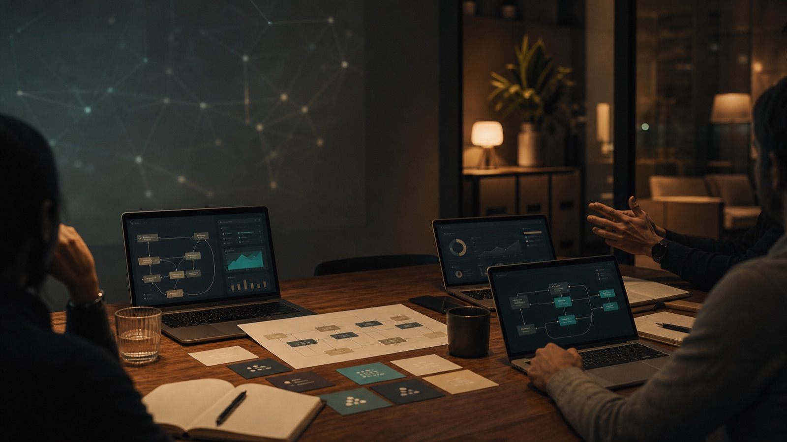 Warm private GTM roundtable with AI SaaS dashboards and strategy cards