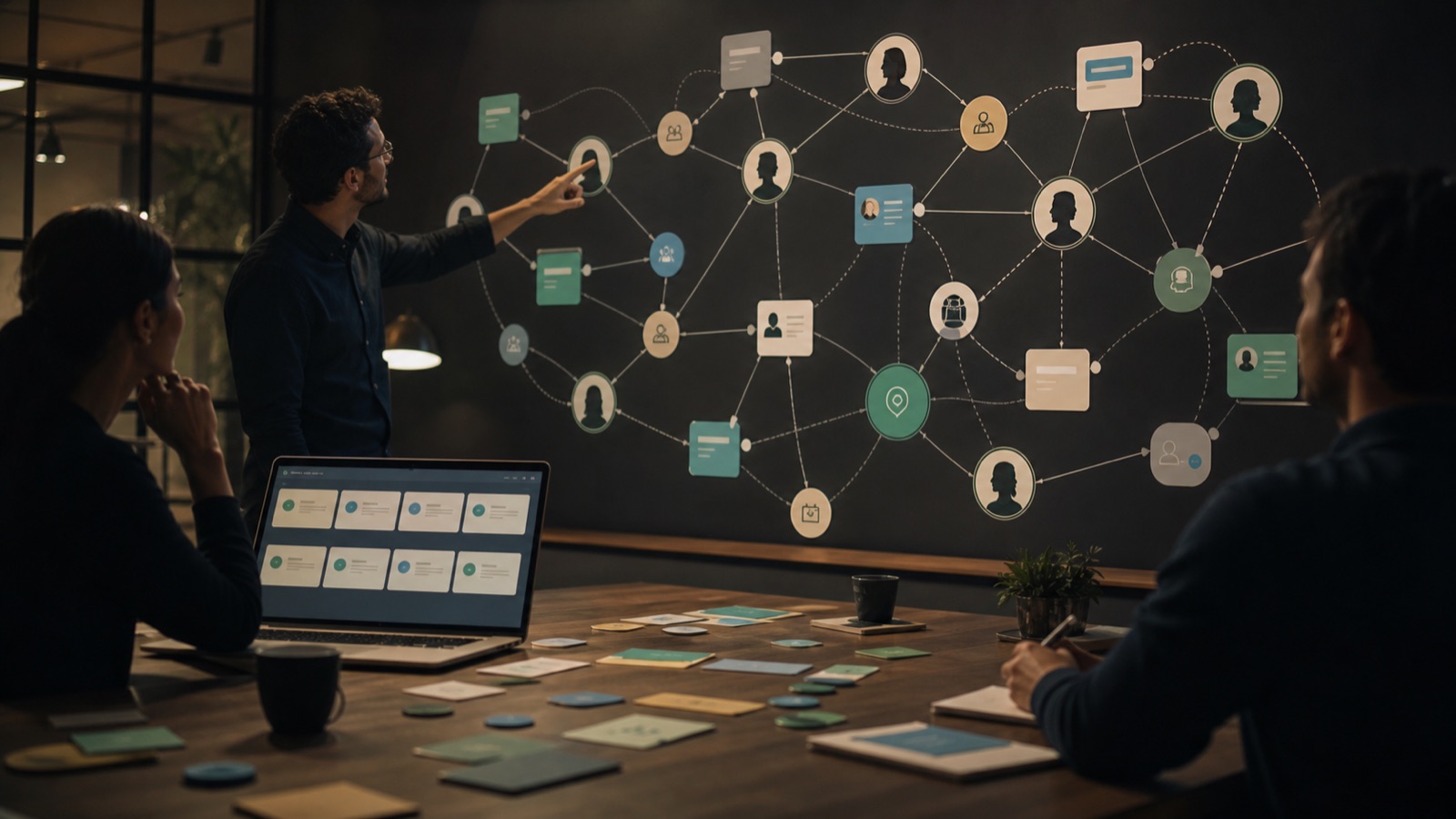 Team reviewing an AI community matching graph on a wall