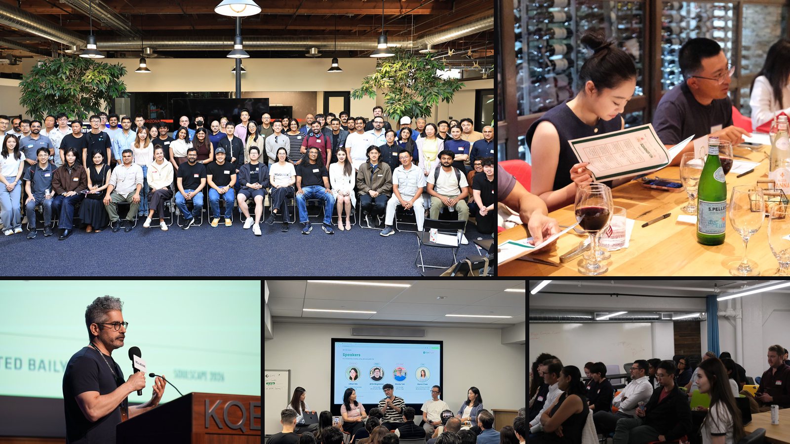 Collage of OpenStages events: the AI Infra Signal group photo, a private founders dinner, a speaker on the Soulscape stage at KQED, a GTM panel, and a full session audience