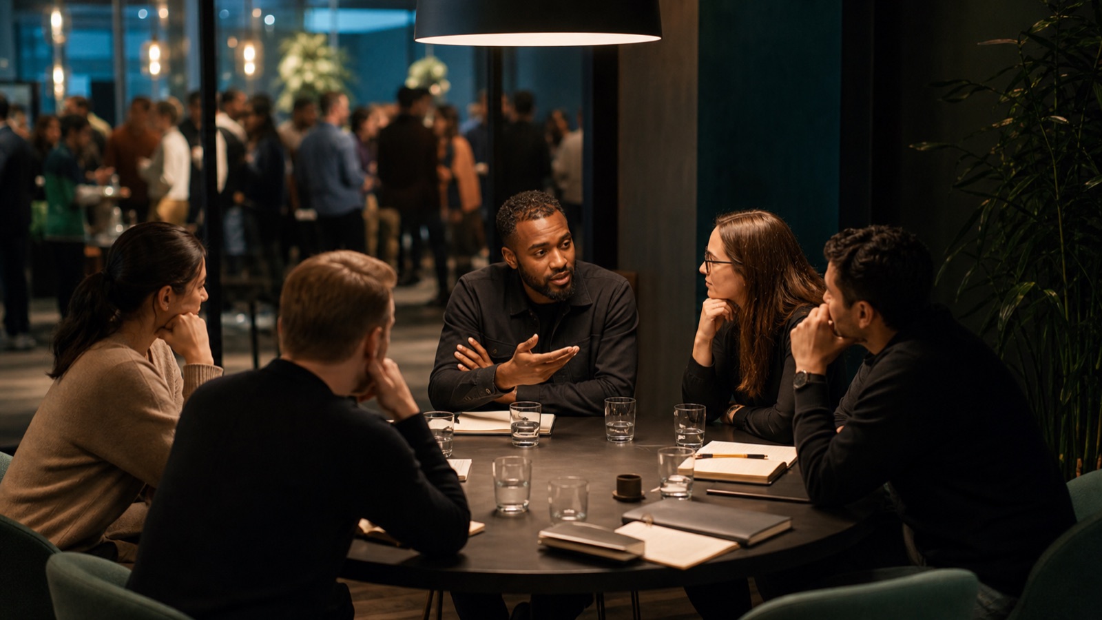Focused small founder roundtable with a larger networking crowd in the background