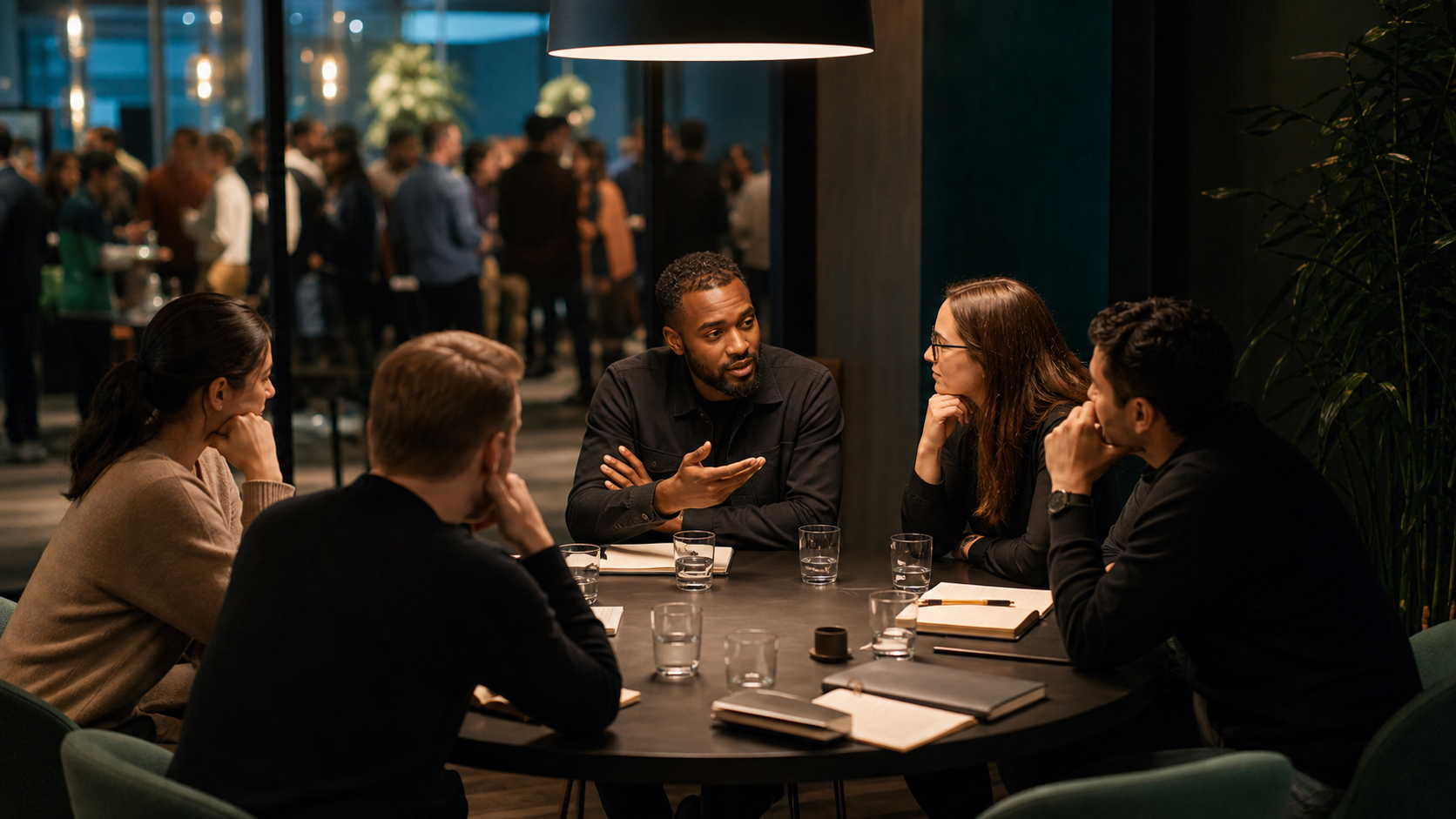 Focused small founder roundtable with a larger networking crowd in the background