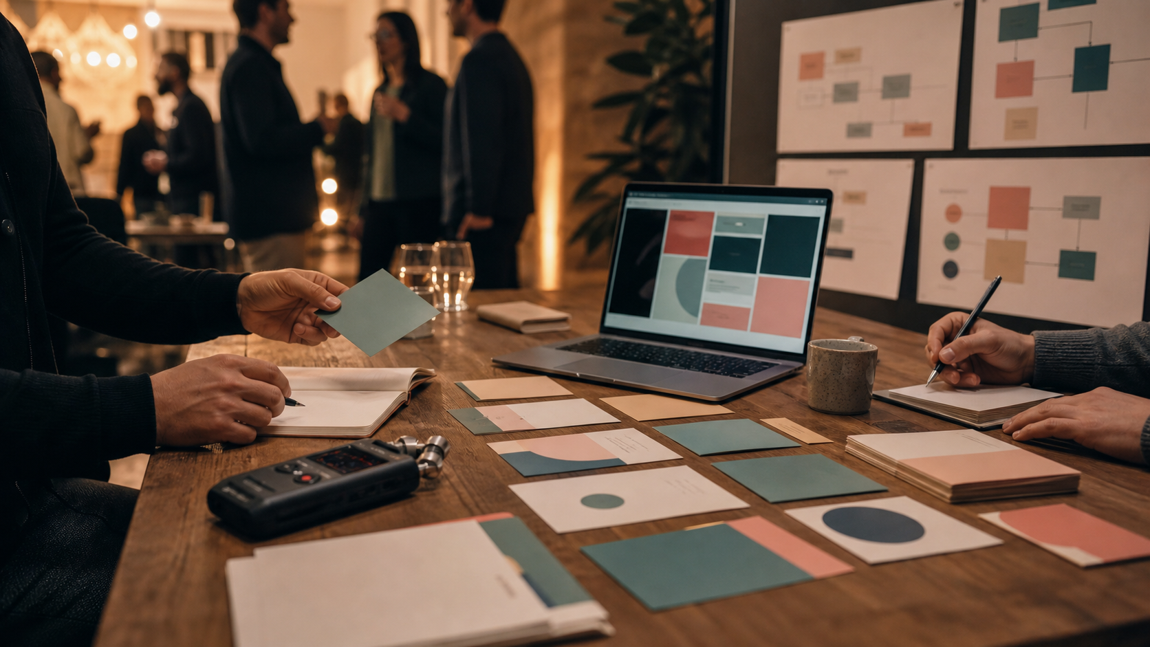 Post-event content planning table with cards, notes, and recording equipment