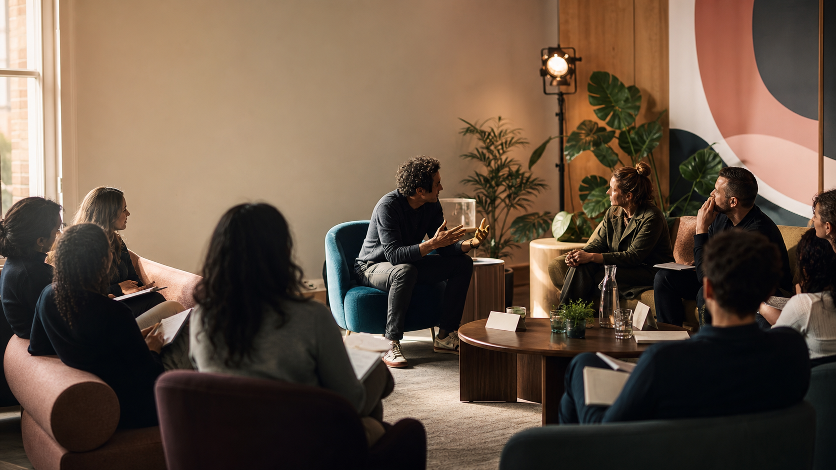 Founder salon conversation in a warm startup room