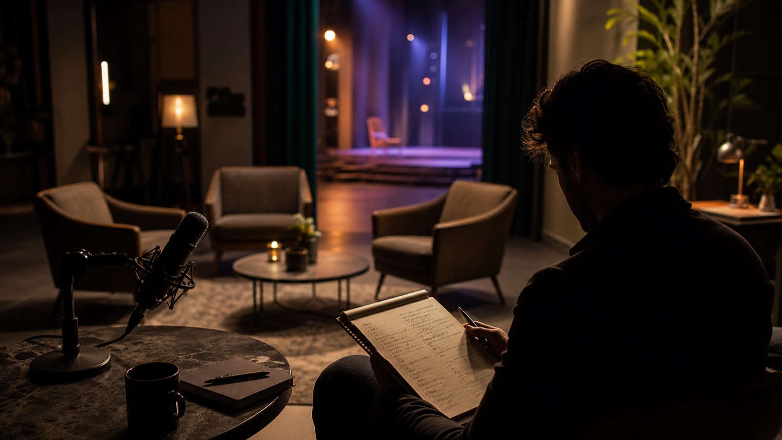 Founder preparing between podcast microphone, salon chairs, and a stage