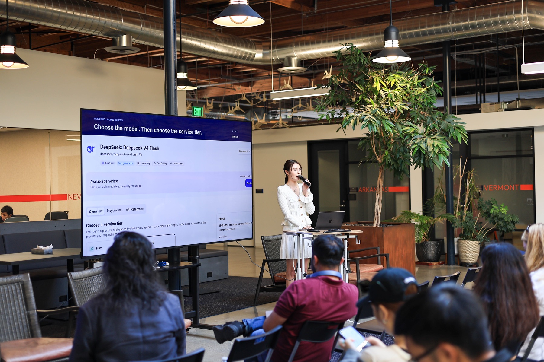 Vanessa Lu demonstrating the Infron AI model interface at AI Infra Signal